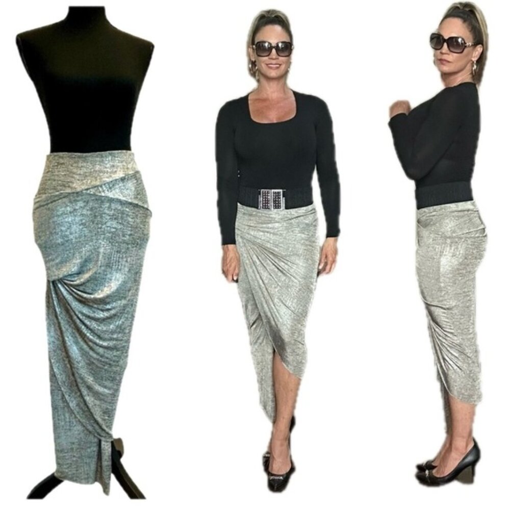 Sirens metallic silver taupe brown draped asymmetrical mermaid bodycon skirt